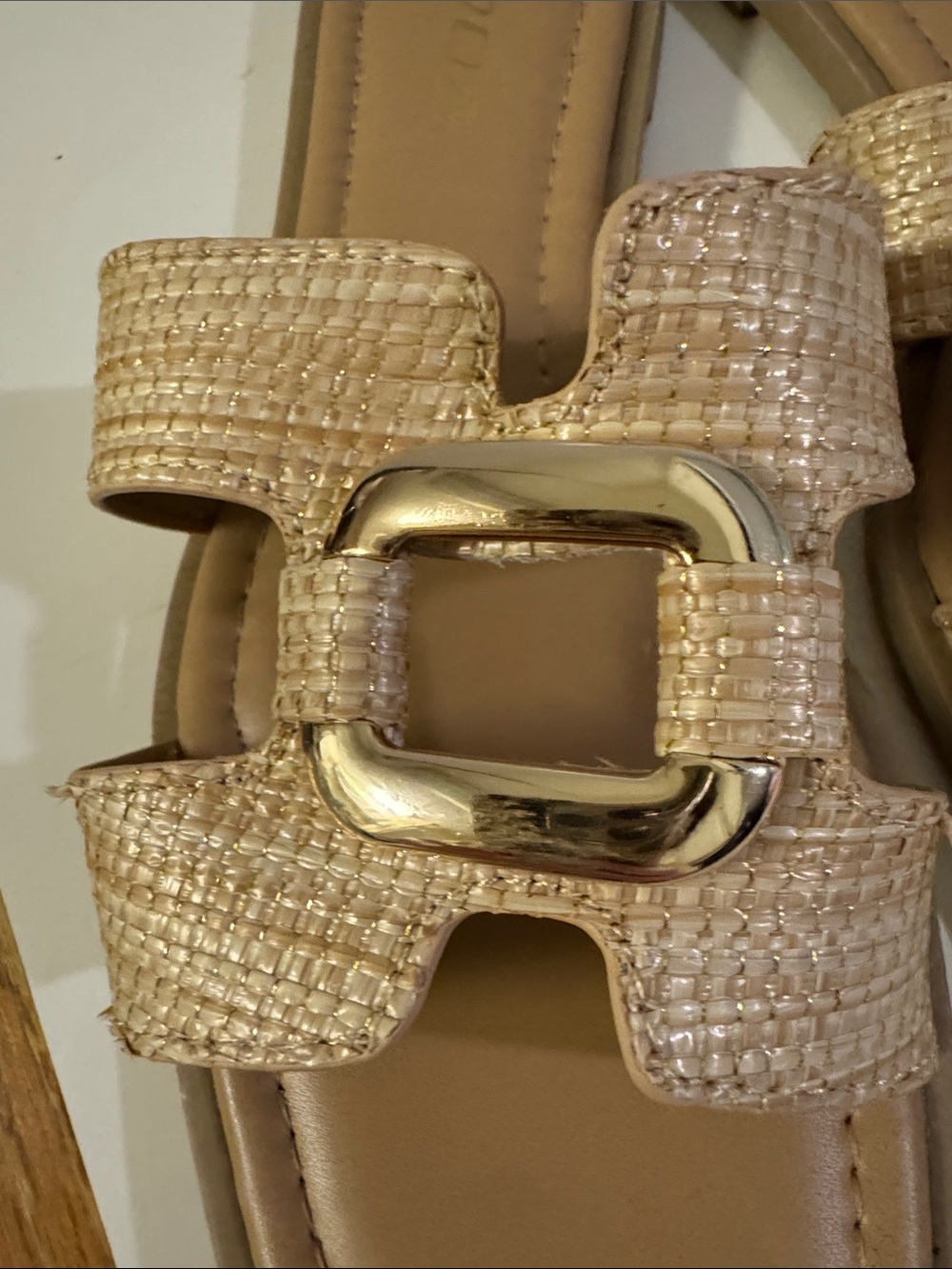 Soda Beige Woven Slide Sandals with Gold Buckle Detail - Picture 3 of 5